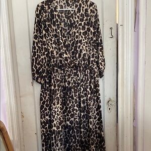 Lane Bryant Brown and Tan V-Neck Bishop Sleeve Midi Dress